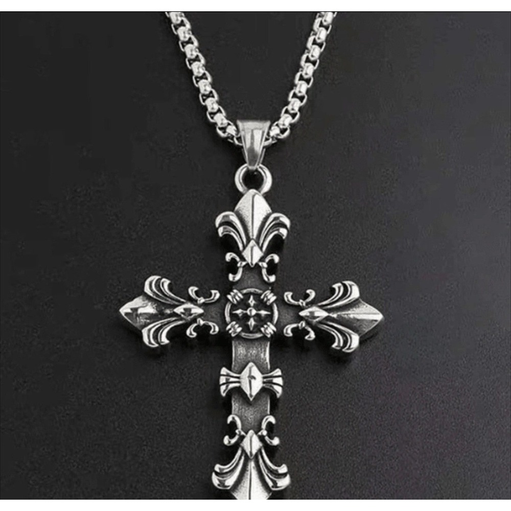 Gothic Cross Pendant Necklace Women Silver Tone Stainless Steel Chain